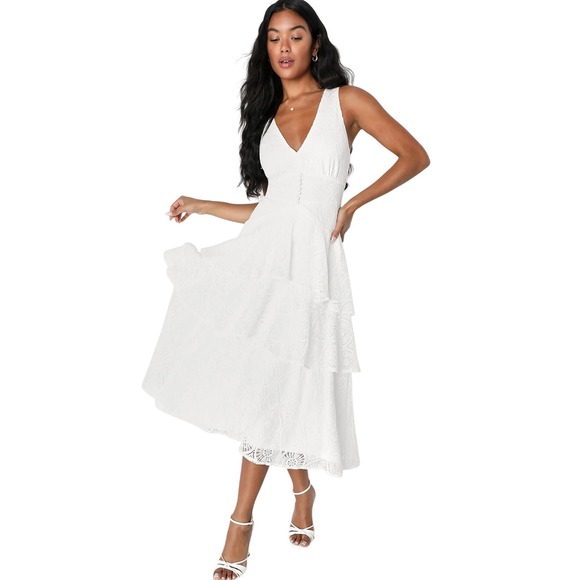 Lulus Dresses & Skirts - Lulus White‎ Lace Tiered Sleeveless Midi Dress L Unconventional Lace Bridal Boho